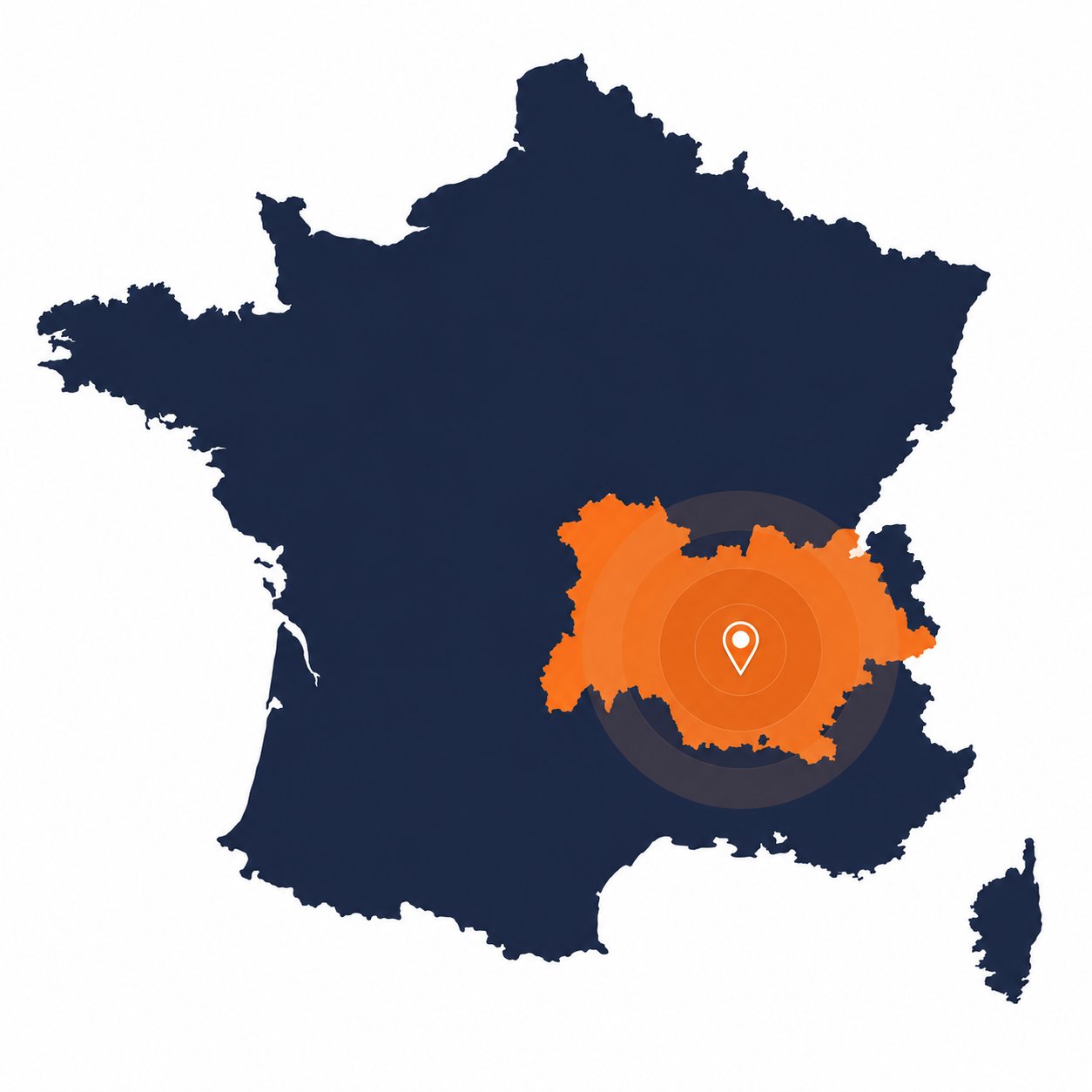 Carte de France avec la région Auvergne-Rhône-Alpes en orange, zone d'intervention de MLC Maçonnerie à Lyon
